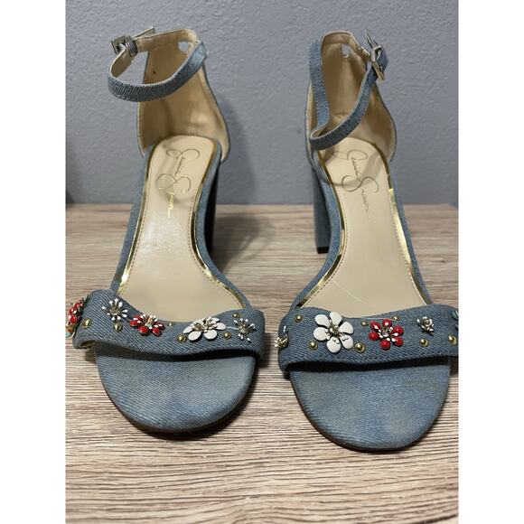 Jessica Simpson JP Moreeno Strap Denim Floral Blue Heels Size 10 - Picture 1 of 9